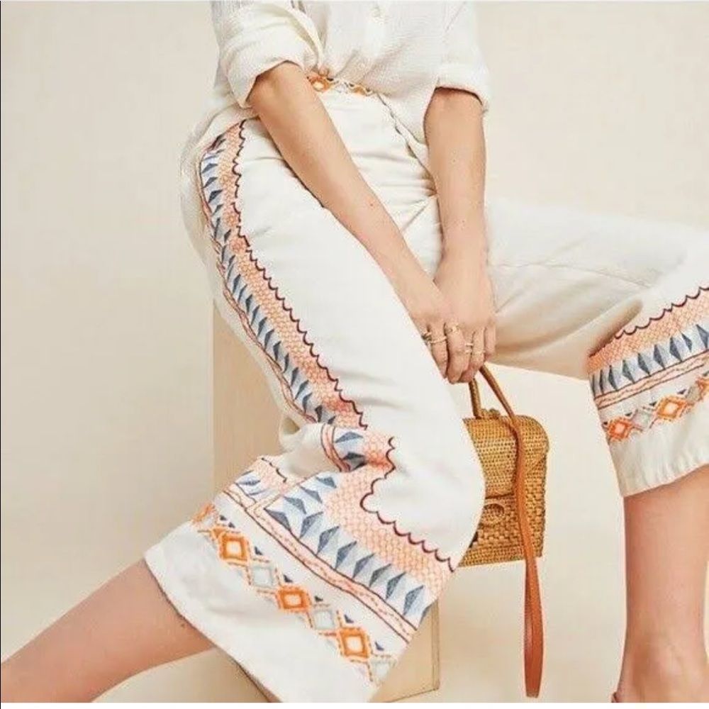 By Anthropologie Islander embroidered wide leg crop pants